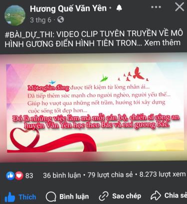 Các bài thi gửi về Ban Tổ chức tham gia Cuộc thi thiết kế, xây dựng video - clip tuyên truyền “Những mô hình, điển hình tiên tiến; gương người tốt, việc tốt trong học tập và làm theo tư tưởng, đạo đức, phong cách Hồ Chí Minh” do Đảng bộ huyện Văn Yên vừa qua phát động.