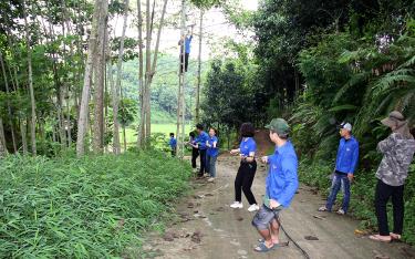 Lực lượng ĐVTN của Văn phòng Tỉnh uỷ và xã Tân Nguyên tham gia kéo dây, lắp bóng điện chiếu sáng tại tuyến đường liên thôn Tân Phong - Đèo Thao.


