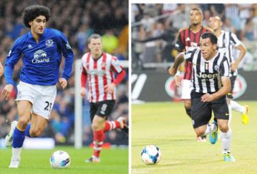 Tiền vệ Marouane Fellaini (Everton) và Tiền đạo Carlos Tevez (Juventus).
