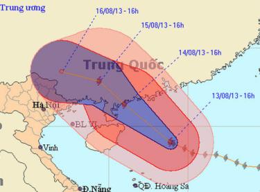 Vị trí và đường đi dự báo của bão Utor chiều 13/8.