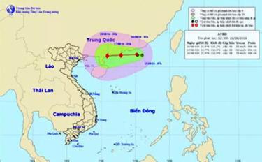 Đường đi của áp thấp nhiệt đới. (Ảnh: Trung tâm khí tượng thủy văn Trung ương)
