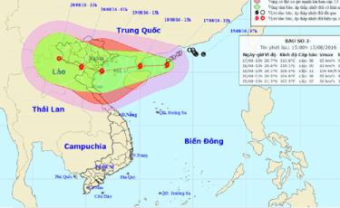 Vị trí và đường đi của bão số 3.
