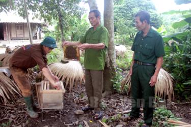 Lãnh đạo Hội Cựu chiến binh xã Vân Hội thăm mô hình nuôi ong của hội viên Nguyễn Văn Dũng ở thôn 8.