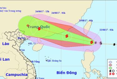 Vị trí và hướng di chuyển của bão Hato.