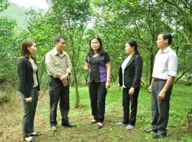 Lãnh đạo huyện Lục Yên trao đổi với người dân xã Khánh Hòa về phát triển kinh tế.