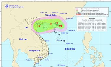 Đường đi và vị trí của cơn bão. (Ảnh: Trung tâm Dự báo Khí tượng Thủy văn Trung ương)