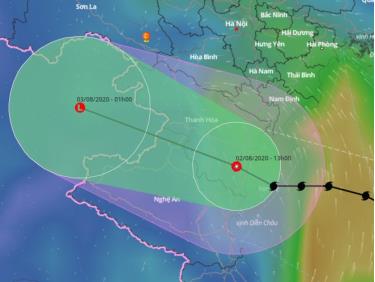 Tâm áp thấp nhiệt đới suy yếu từ bão số 2 nằm trên đất liền Thanh Hóa lúc 13h.