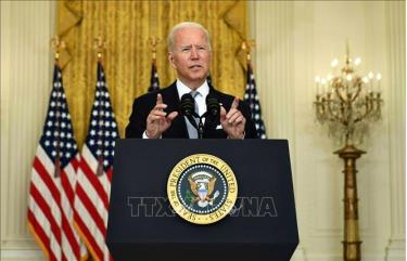 Tổng thống Mỹ Joe Biden trong bài phát biểu về tình hình Afghanistan, được truyền hình trực tiếp từ Washington DC., ngày 16/8/2021.