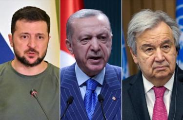 Tổng Thư ký Liên hợp quốc Antonio Guterres (phải), Tổng thống Thổ Nhĩ Kỳ Recep Tayyip Erdogan (giữa) và nhà lãnh đạo Ukraine Volodymyr Zelensky.