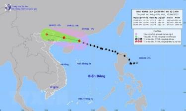 Bản đồ đường đi của bão số 3, sáng 25/8.