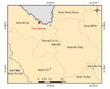 Bản đồ tâm chấn động đất ở TP Lào Cai. (Ảnh: Viện vật lý địa cầu)​​​​​