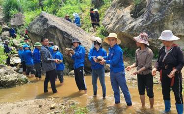 Đoàn viên thanh niên Khối cơ quan và doanh nghiệp tỉnh hỗ trợ người dân thôn Khe Trang, xã Nậm Mười, huyện Văn Chấn xây cầu dân sinh.