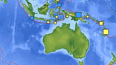 Ba trận động đất mạnh (ô màu xanh) vừa xảy ra ở khu vực Philippines, Indonesia và Papua New Guinea.
