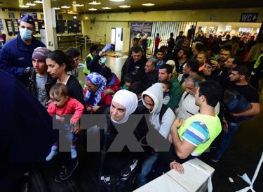 Người di cư chờ đợi các chuyến tàu để tới Áo và Đức tại nhà ga Eastern Keleti ở Budapest, Hungary ngày 12/9. (Ng: AFP/TTXVN)