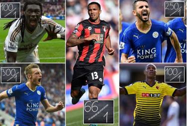 Gomis (trái, trên), Vardy (trái, dưới), Wilson (giữa), Mahrez (phải, trên), Ighalo (phải, dưới) đang là hiện tượng trên danh sách ghi bàn Ngoại hạng Anh.
