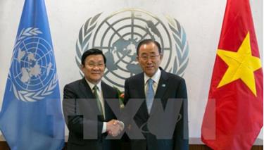 Chủ tịch nước Trương Tấn Sang gặp Tổng thư ký Liên hợp quốc Ban Ki-moon. 
