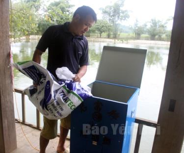 Anh Phương cho cá ăn bằng máy tự động.
