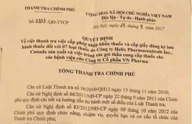 Sáng nay Thanh tra Chính phủ chính thức công bố quyết định thanh tra Bộ Y tế về vụ việc VN Pharma.