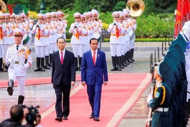 Chủ tịch nước Trần Đại Quang và Tổng thống Joko Widodo duyệt đội danh dự.