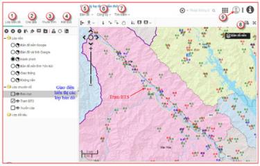 Khai thác dữ liệu GIS trên bản đồ: giao diện hiển thị các lớp bản đồ bao gồm lớp nền và các lớp chuyên đề.