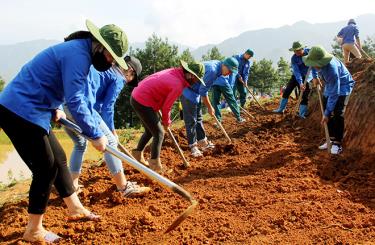 Tuổi trẻ Trạm Tấu khai hoang ruộng bậc thang tại xã Bản Công, huyện Trạm Tấu.