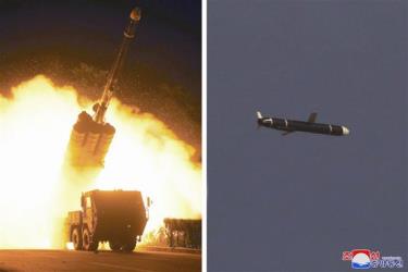 Hình ảnh do Hãng thông tấn KCNA đăng phát ngày 13-9-2021 cho thấy một tên lửa đạn đạo tầm xa thế hệ mới rời bệ phóng (ảnh trái) và bay trên bầu trời (ảnh phải). Ảnh tư liệu