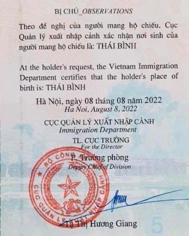 Phần thông tin nơi sinh của công dân được ghi vào phần bị chú của hộ chiếu khi có yêu cầu.