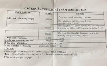 Các khoản thu đầu kì I năm học 2022-2023 tại Trường THPT dân lập Văn Lang (Hà Nội).