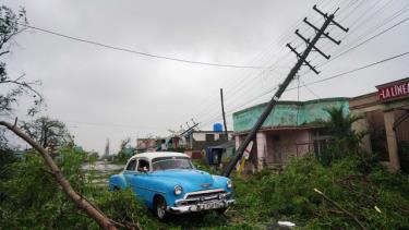 Cây đổ, trụ điện bị quật ngã trong bão Ian .