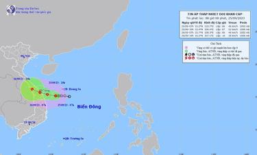 Hướng di chuyển của áp thấp nhiệt đới hồi 7h sáng nay (25-9).
