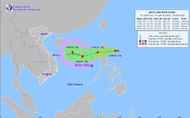 Dự báo hướng đi của áp thấp nhiệt đới gần biển Đông. Ảnh: Trung tâm Dự báo khí tượng thủy văn quốc gia