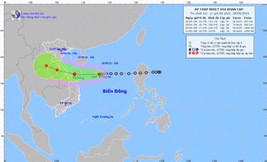 Hướng di chuyển của áp thấp nhiệt đới sau mạnh lên thành bão. Nguồn: NCHMF