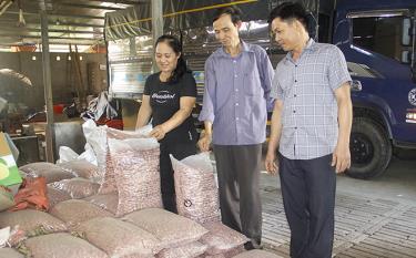 Bà Vinh, ông Ninh (bên trái) giới thiệu với lãnh đạo Hội CCB xã Đông Cuông quy trình sản xuất phân viên nén dúi sâu của gia đình.