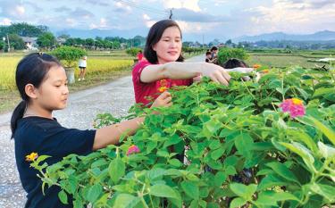 Chị Nguyễn Lệ Thùy cùng các em nhỏ chăm sóc tuyến đường hoa.