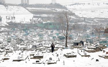 Một người đàn ông đi trong nghĩa trang phủ đầy tuyết ở thủ đô Kabul, Afghanistan, ngày 11/1/2023.