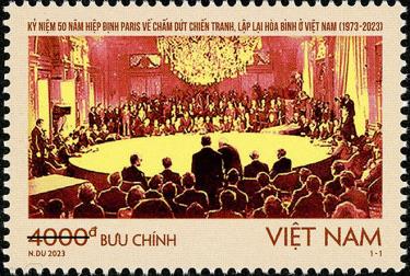 Bộ tem “Kỷ niệm 50 năm Hiệp định Paris về chấm dứt chiến tranh, lập lại hòa bình ở Việt Nam (1973 - 2023)” gồm 1 mẫu có khuôn khổ 46 x 31 mm và giá mặt tem là 4.000 đồng.