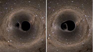 Hình ảnh mô hình giả lập sự hợp nhất của hai lỗ đen sau va chạm.