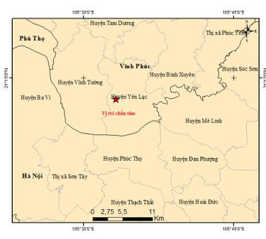 Bản đồ chấn tâm động đất tại tỉnh Vĩnh Phúc. Nguồn: Viện Vật lý Địa cầu