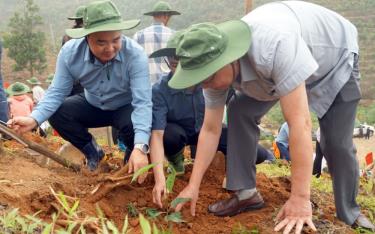 Leaders of the provincial Farmers’ Association and Yen Binh district join in tree planting activity after the ceremony.
