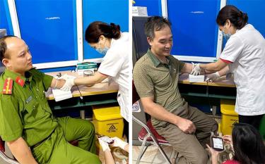 Đồng chí Nguyễn Văn Hợp (trái) và anh Hà Anh Tuấn hiến máu cứu sản phụ.