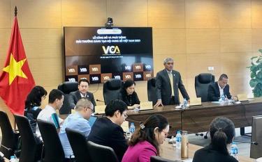 Chủ tịch VDCA, Tiến sĩ Nguyễn Minh Hồng (nguyên Thứ trưởng Bộ Thông tin và Truyền thông) phát biểu tại Lễ công bố và phát động giải thưởng VCA lần thứ nhất năm 2023 diễn ra tại Hà Nội ngày 12/9.