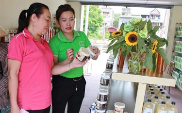Giám đốc HTX chế biến, kinh doanh các sản phẩm từ táo mèo Đoàn Thị Lương giới thiệu với khách hàng về sản phẩm mứt táo mèo.